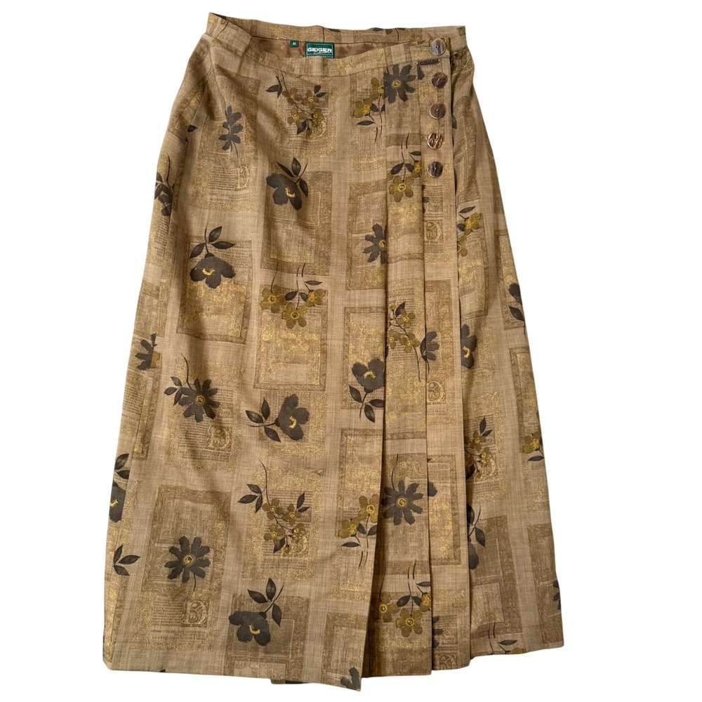 Vintage Geiger Pleated Midi Maxi Skirt Size 44 L Brown Floral Cottage Modest